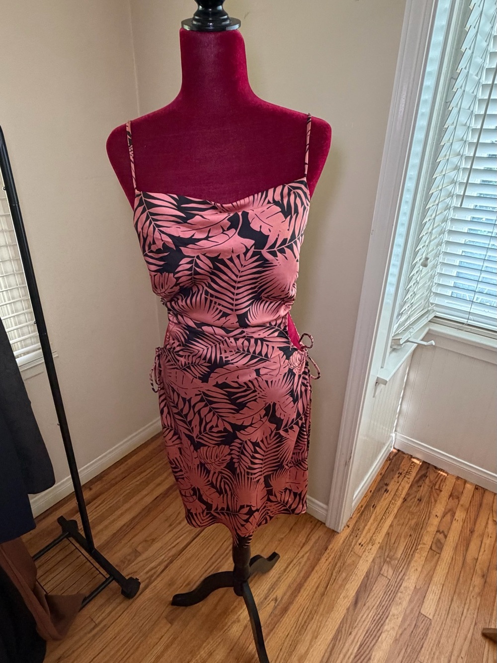 Timing Pink Tropical Leaf Slip Dress with Side Ties